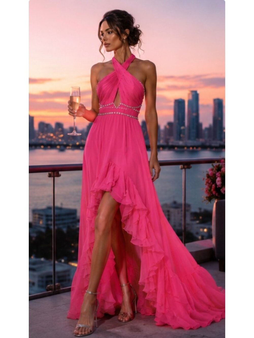 Mac Duggal Rare Hot Pink High-Low Gown Halter Neck Cascade Skirt Size 2 New